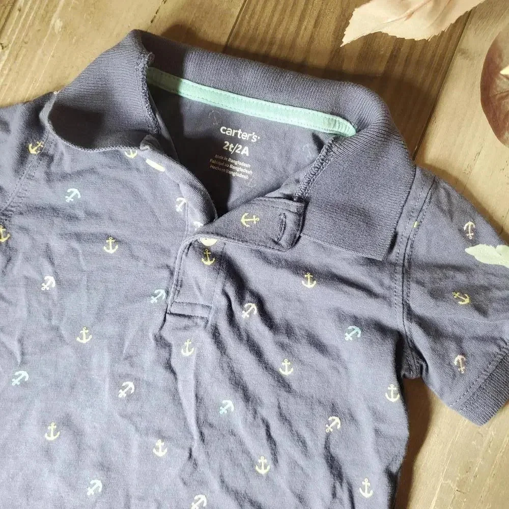 Carter's Toddler Boy Blue Anchor Polo Shirt Size 2T 100% Cotton EUC